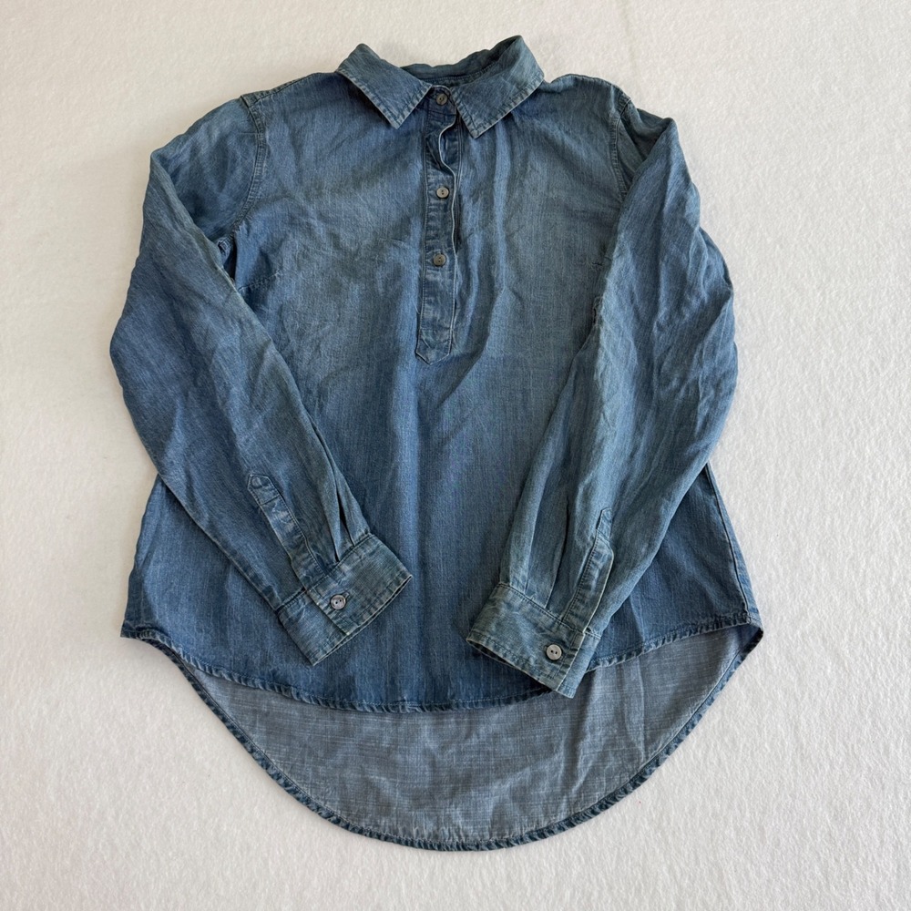 Liverpool Chambray Popover Shirt Women Medium Blue High Low Roll Tab Sleeve
